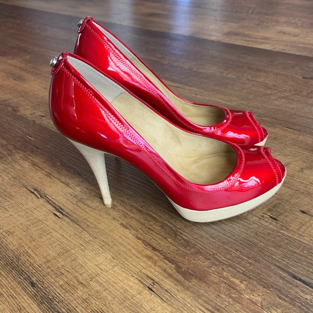 Stuart Weitzman Avignon Patent Red Peep Toe Pumps